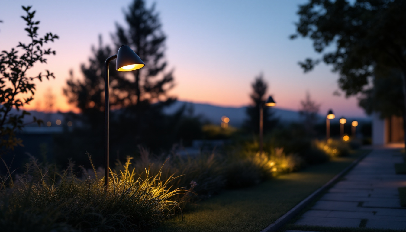 A photograph of a beautifully lit outdoor space featuring modern lamps that highlight the landscape and create an inviting atmosphere