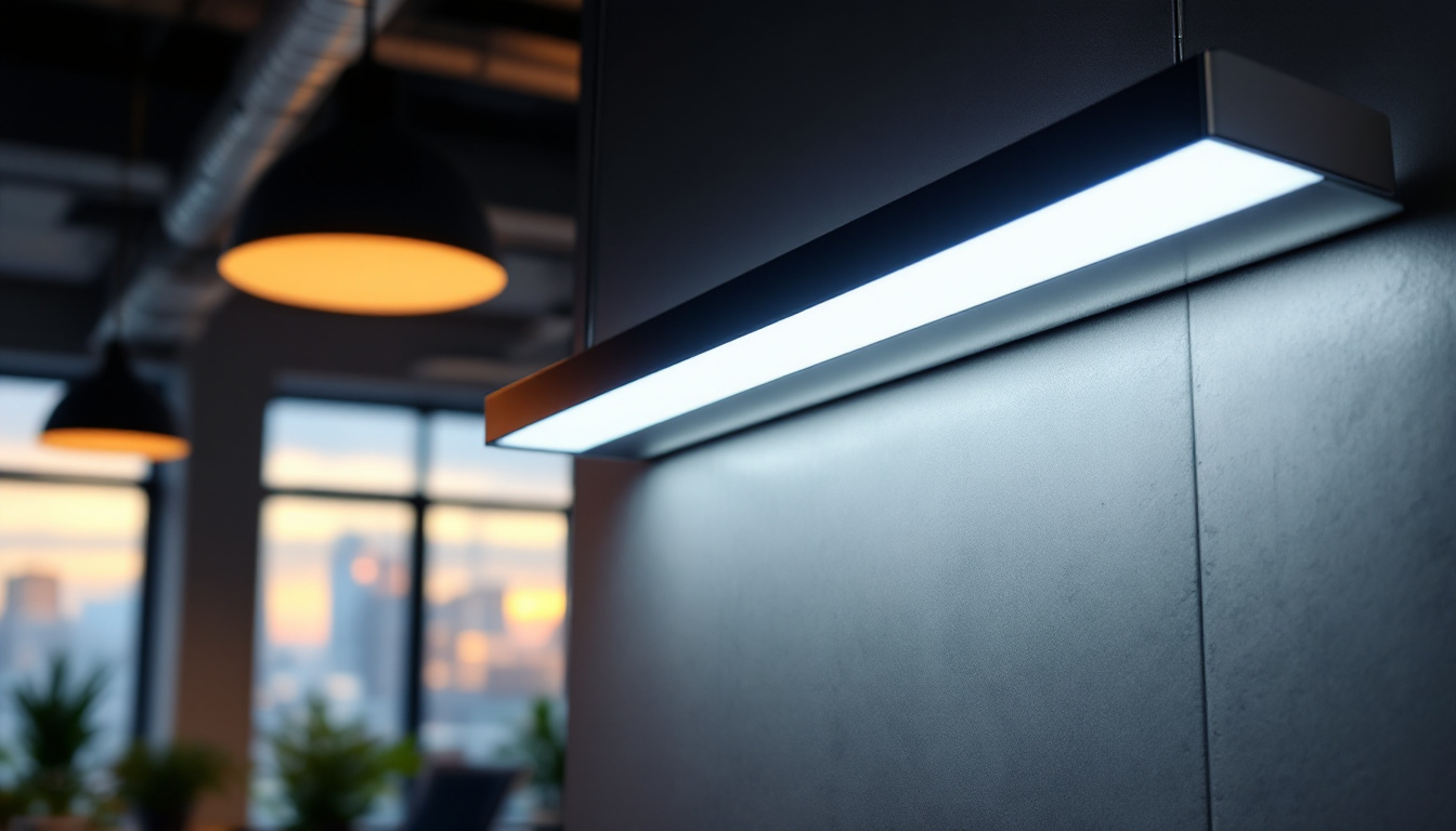 A photograph of a sleek 18-inch fluorescent light fixture installed in a modern workspace