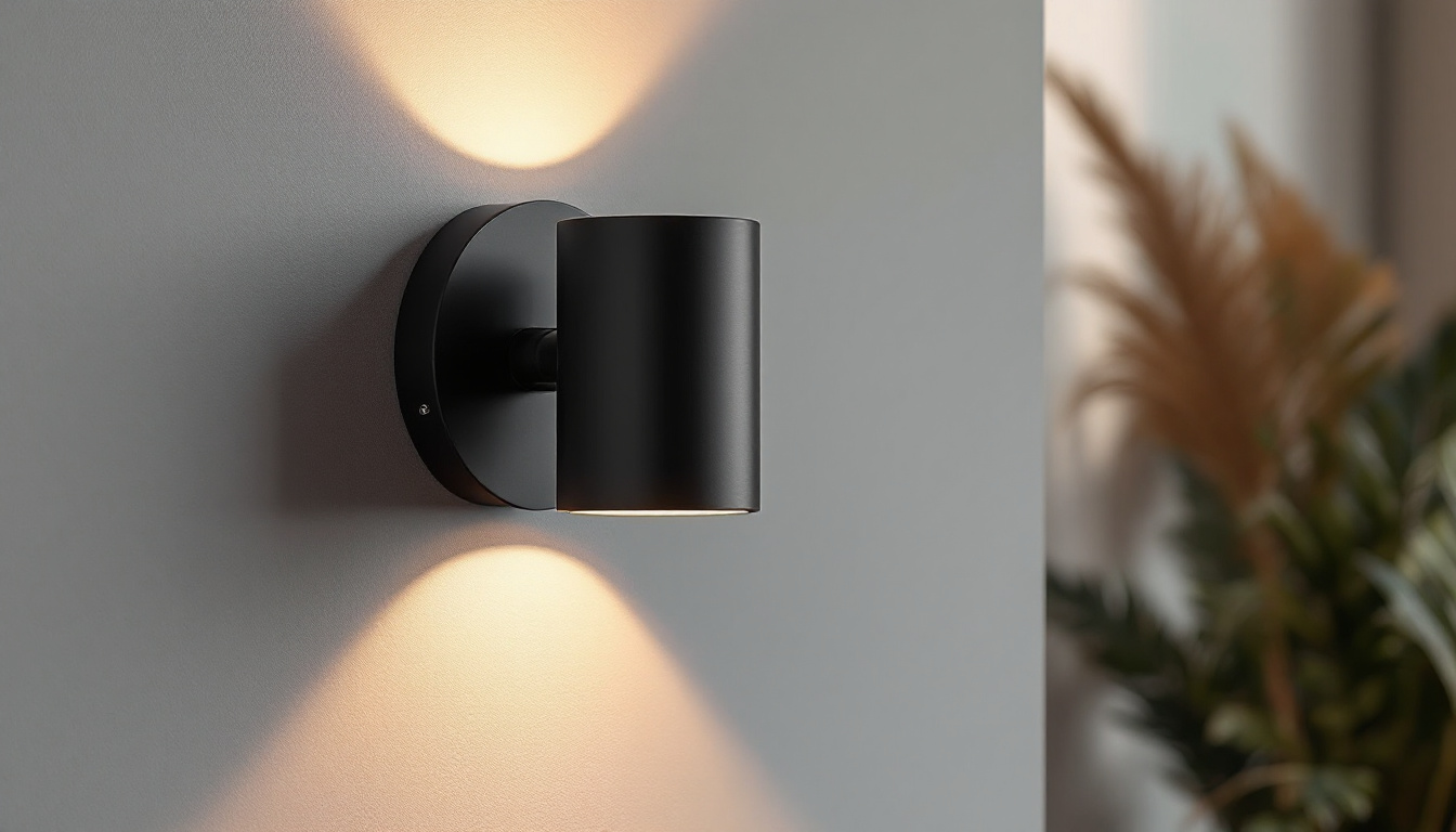 A photograph of a stylishly designed black wall light installed in a modern interior setting