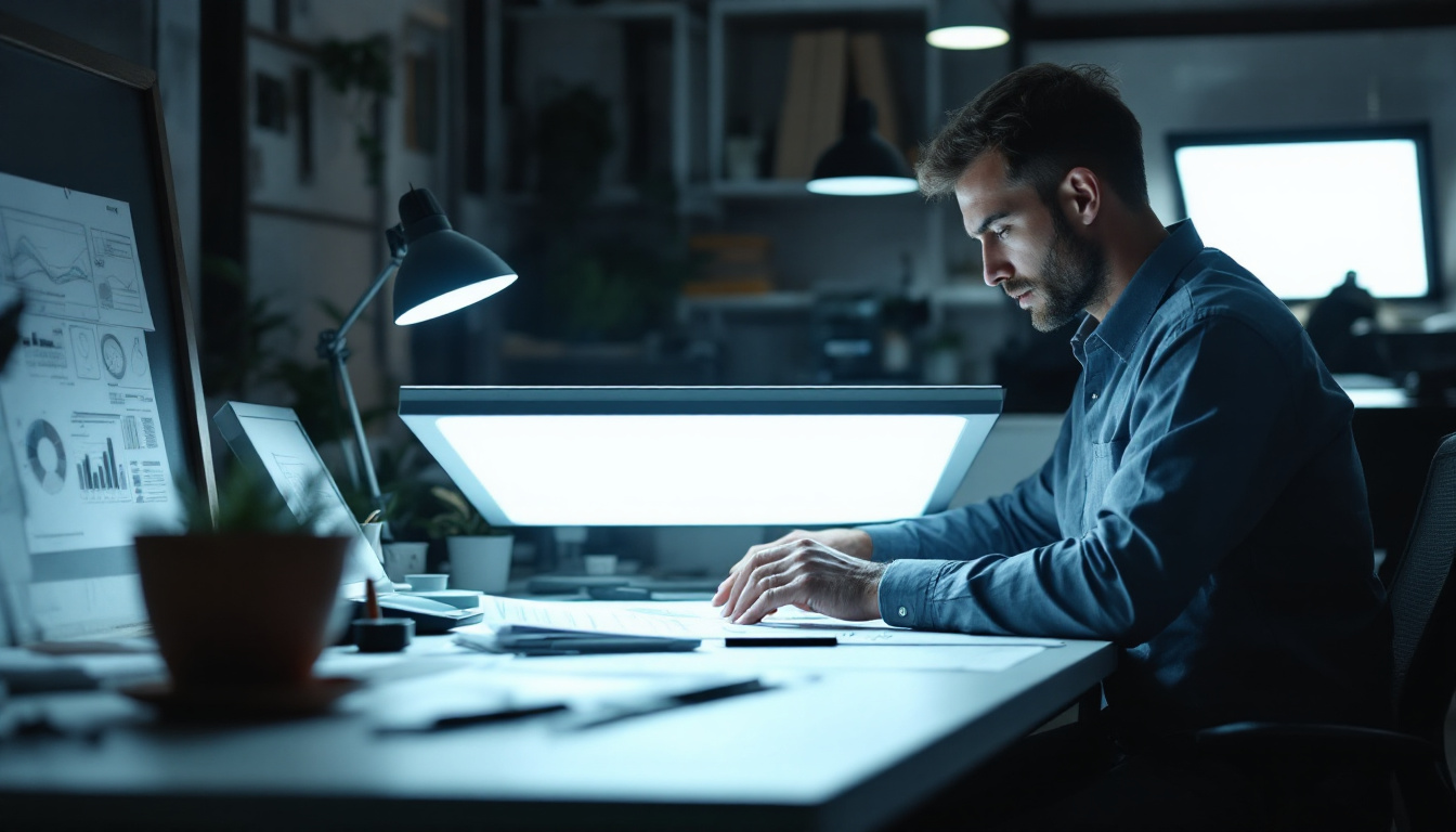 A photograph of a well-lit workspace featuring an electrical engineer analyzing led troffer lights