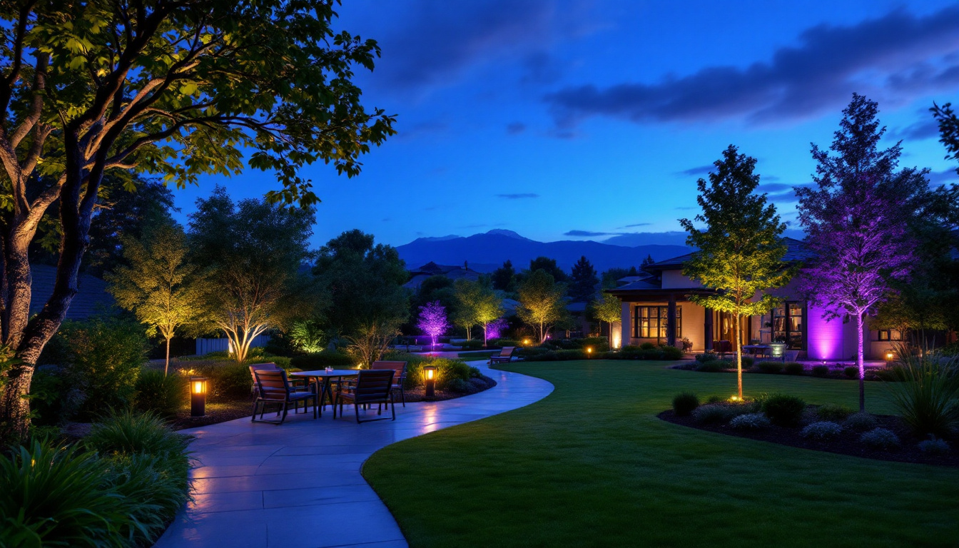 A photograph of a beautifully illuminated outdoor landscape at dusk