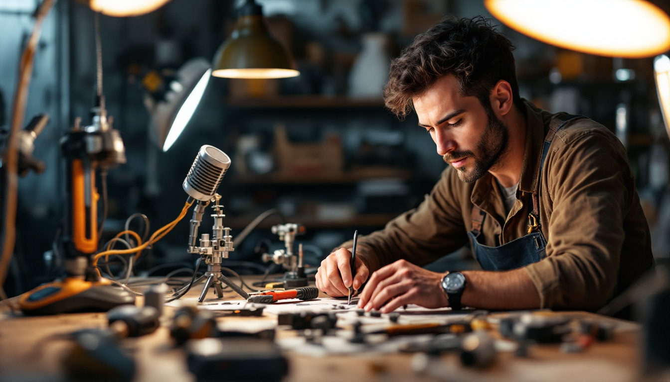 A photograph of a skilled lighting engineer working with a variety of electric tools in a well-lit workshop