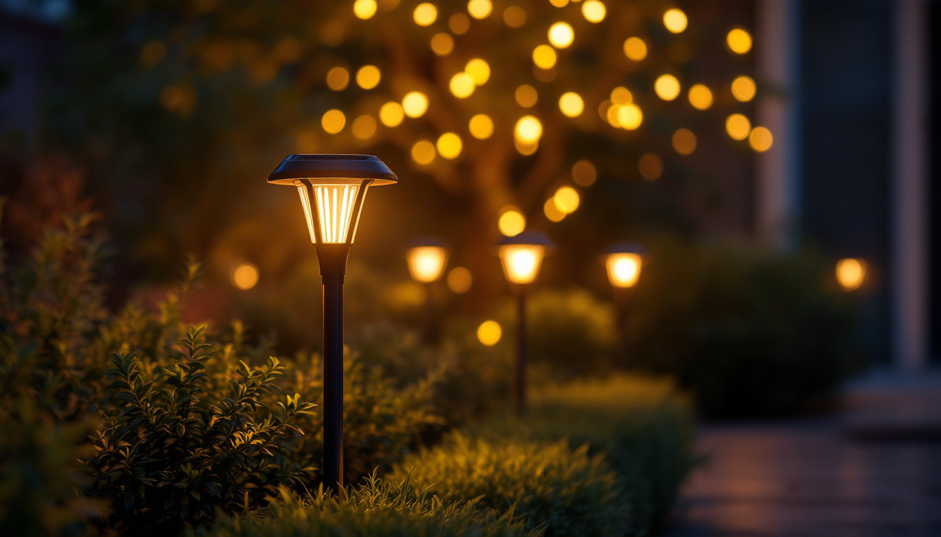 A photograph of a beautifully illuminated outdoor space featuring solar lights that are glowing warmly at night