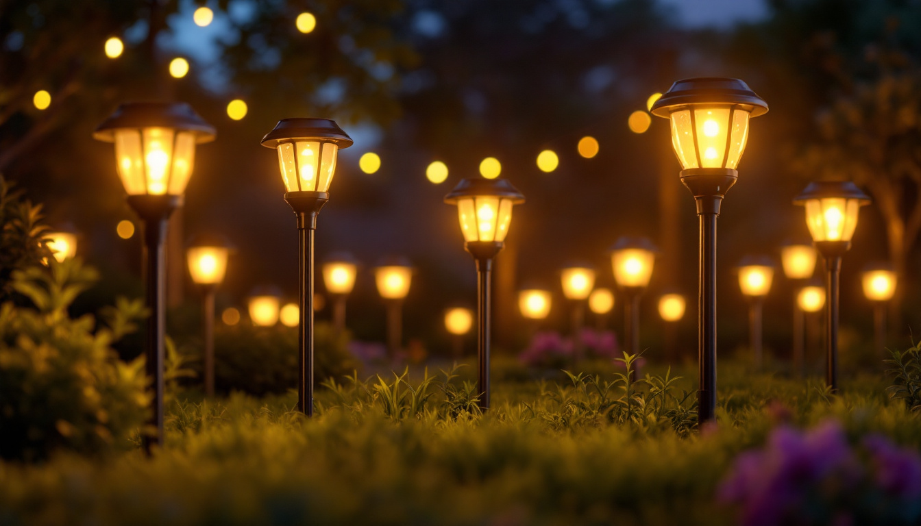 A photograph of a beautifully illuminated outdoor space featuring a variety of led solar lights in use