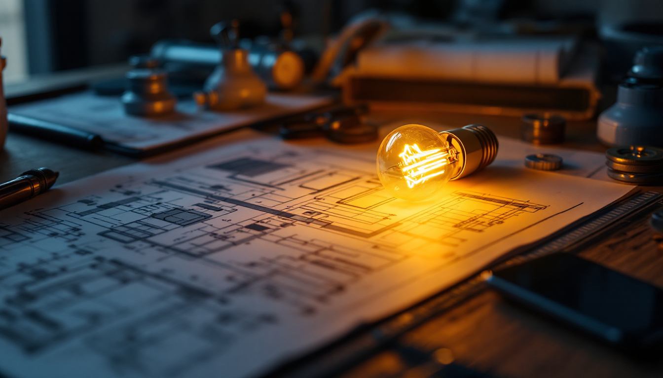 A photograph of a type b 25-watt lamp illuminated in a well-designed workspace