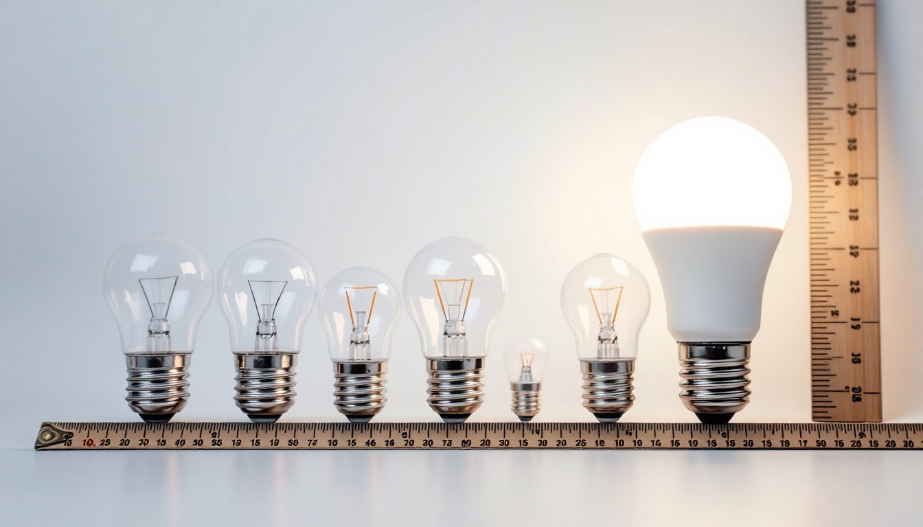 A photograph of a variety of light bulbs with different base sizes displayed alongside a measuring tape
