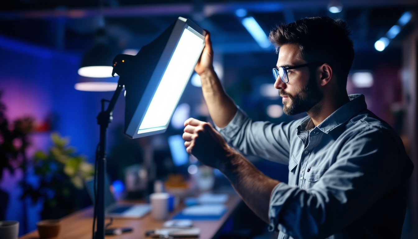 A photograph of a lighting engineer adjusting a dimmable led light fixture in a modern workspace