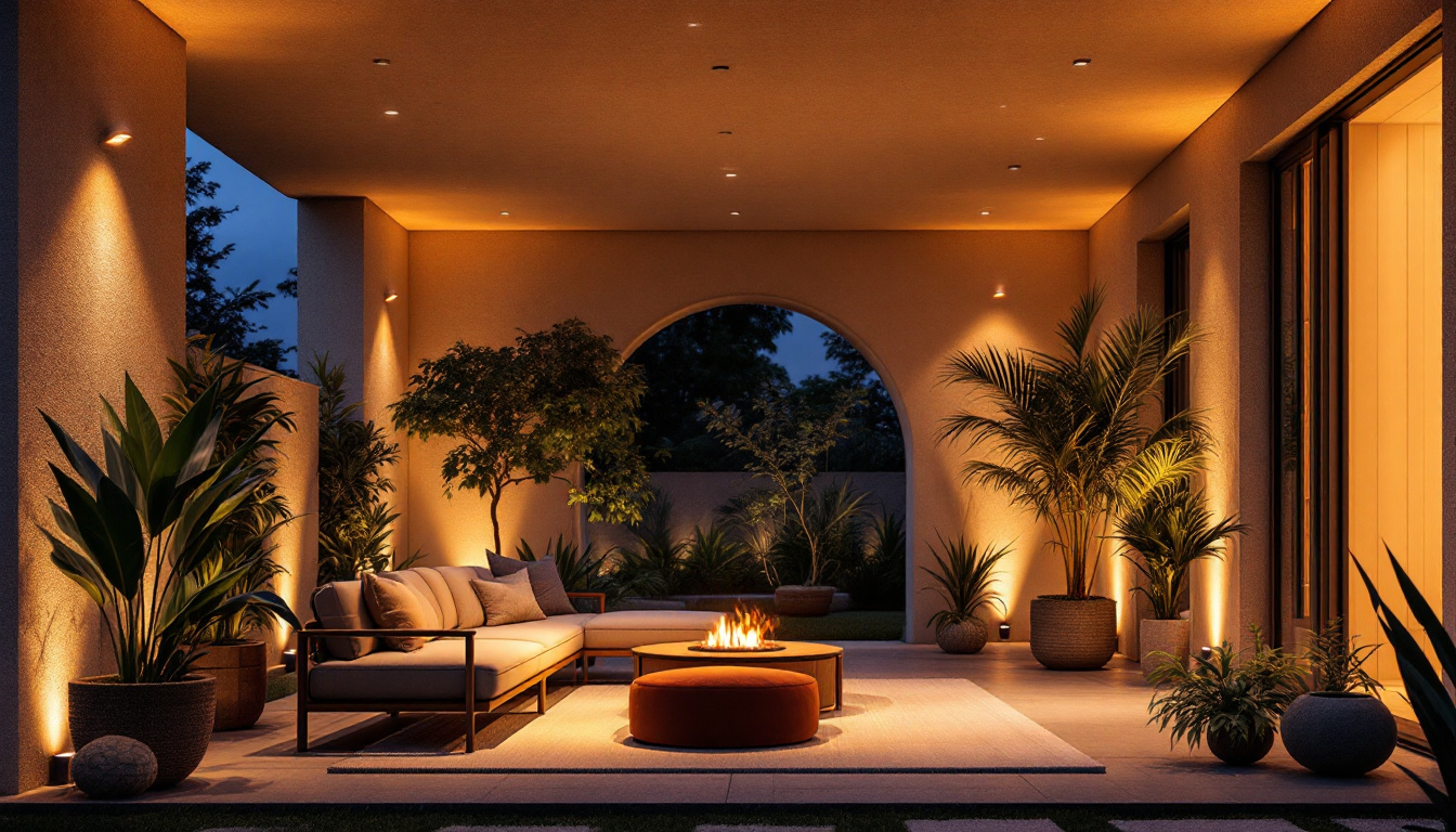 A photograph of a beautifully designed outdoor space featuring recessed ceiling lights in action