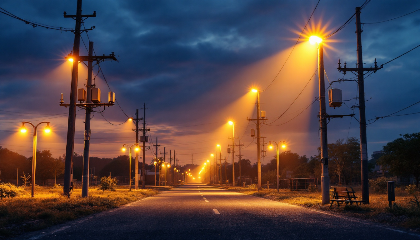 A photograph of a well-lit outdoor scene featuring various types of electrical posts and lighting fixtures