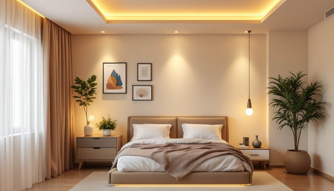 A photograph of a beautifully designed bedroom featuring recessed lighting