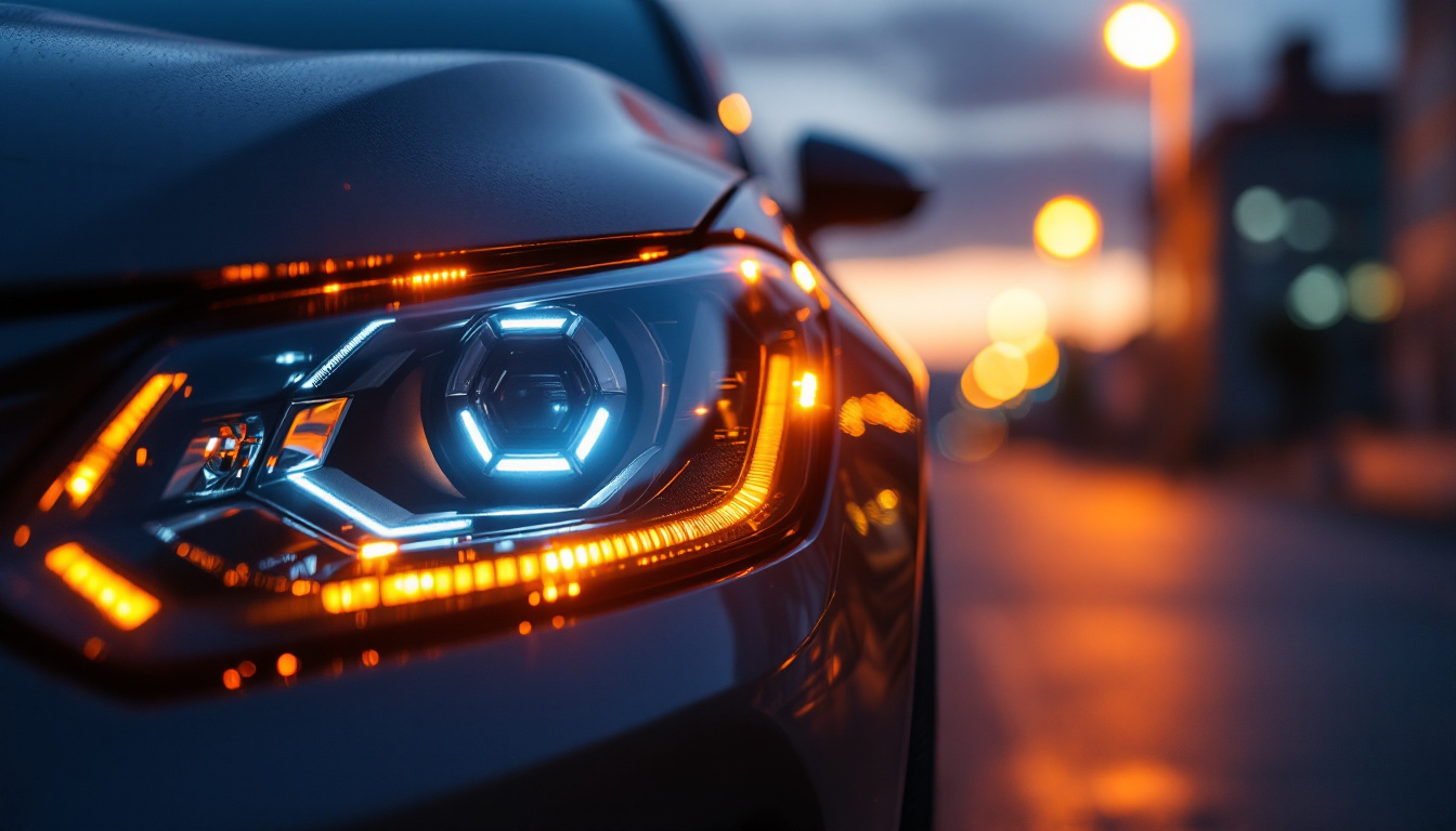 A photograph of a close-up shot of a modern vehicle's parking lights illuminated at dusk