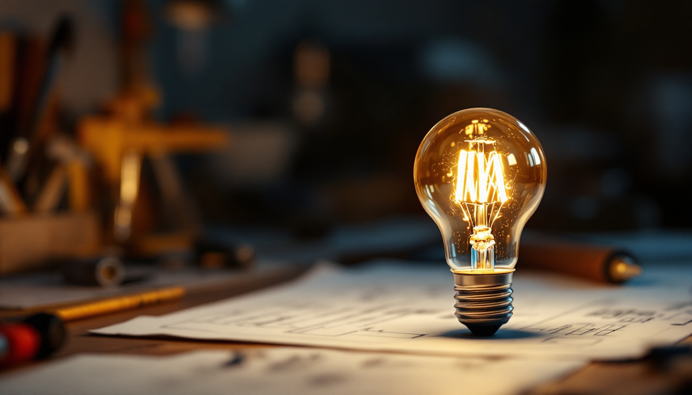 A photograph of a close-up of a type a light bulb illuminated in a modern engineering workspace