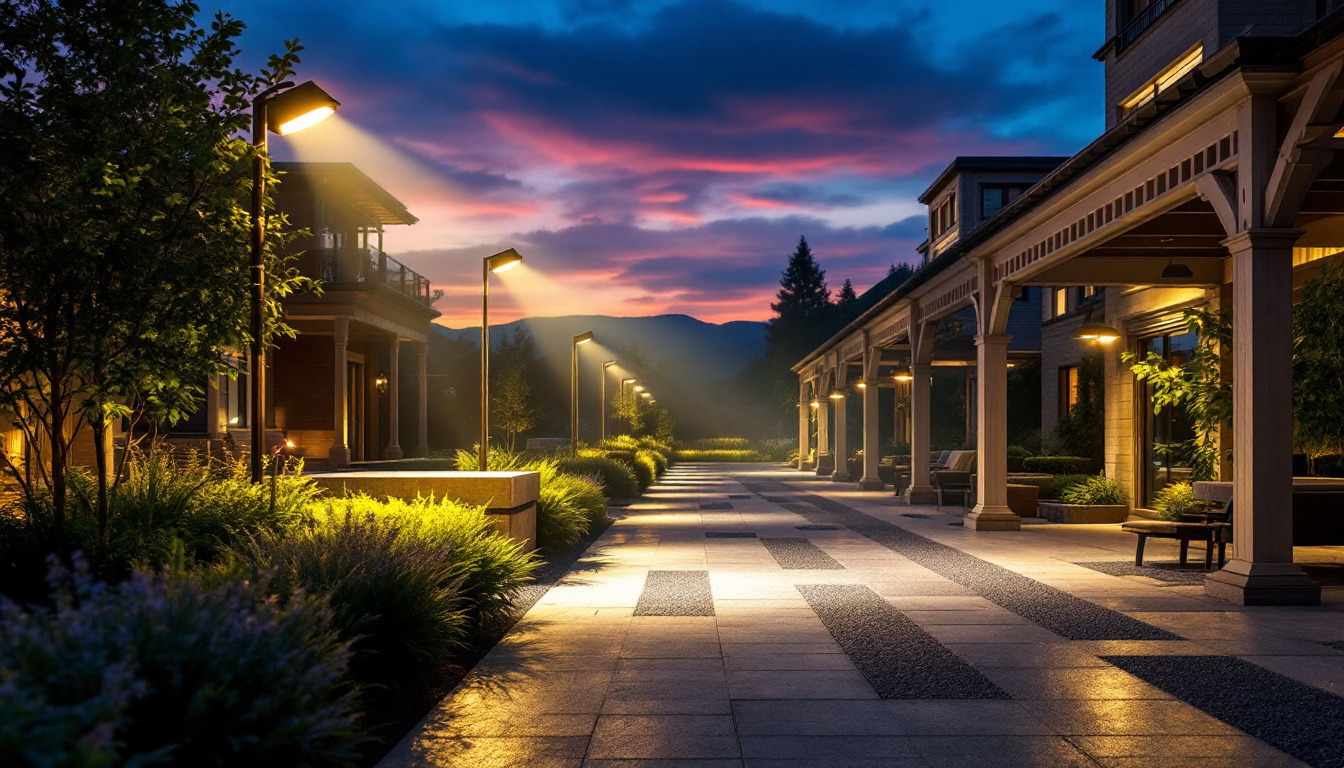 A photograph of a beautifully lit outdoor space featuring various flood lights in action