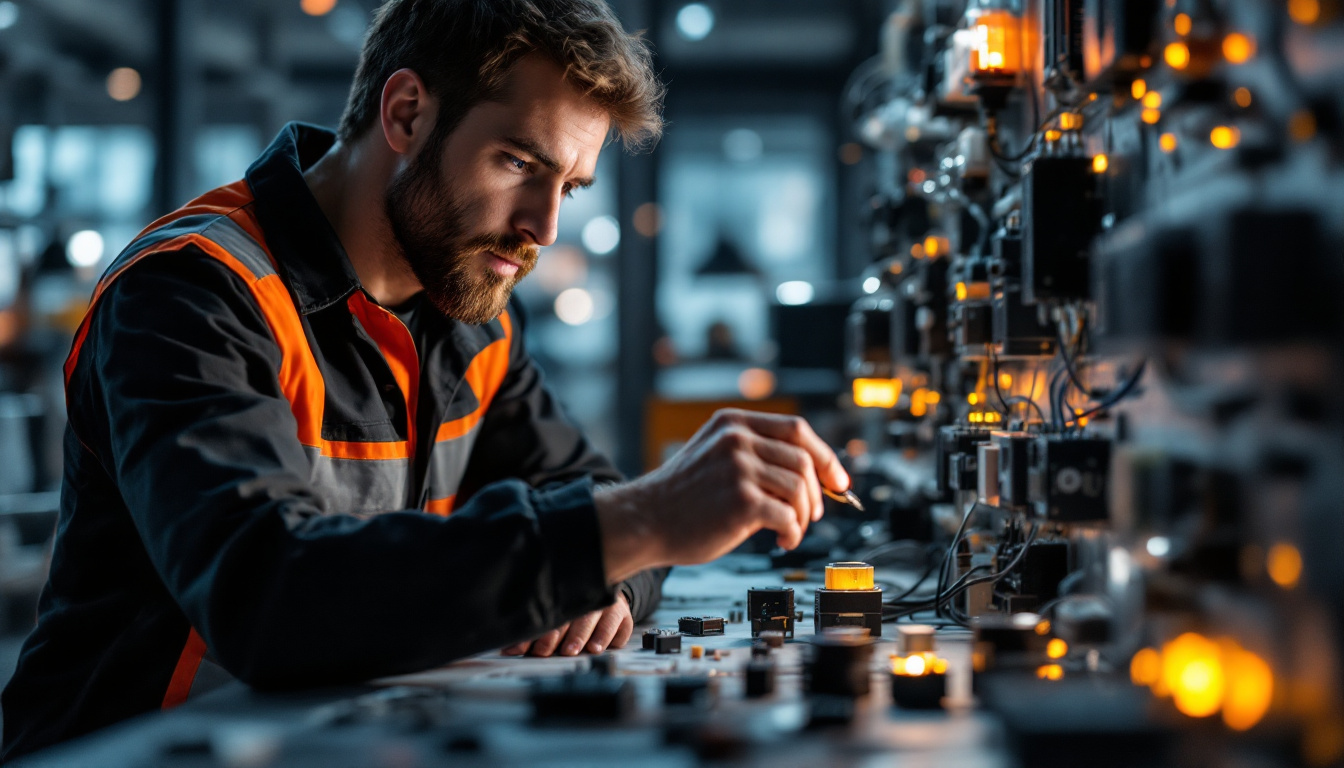 A photograph of a skilled electrical engineer examining various types of sensor switches in a modern workspace