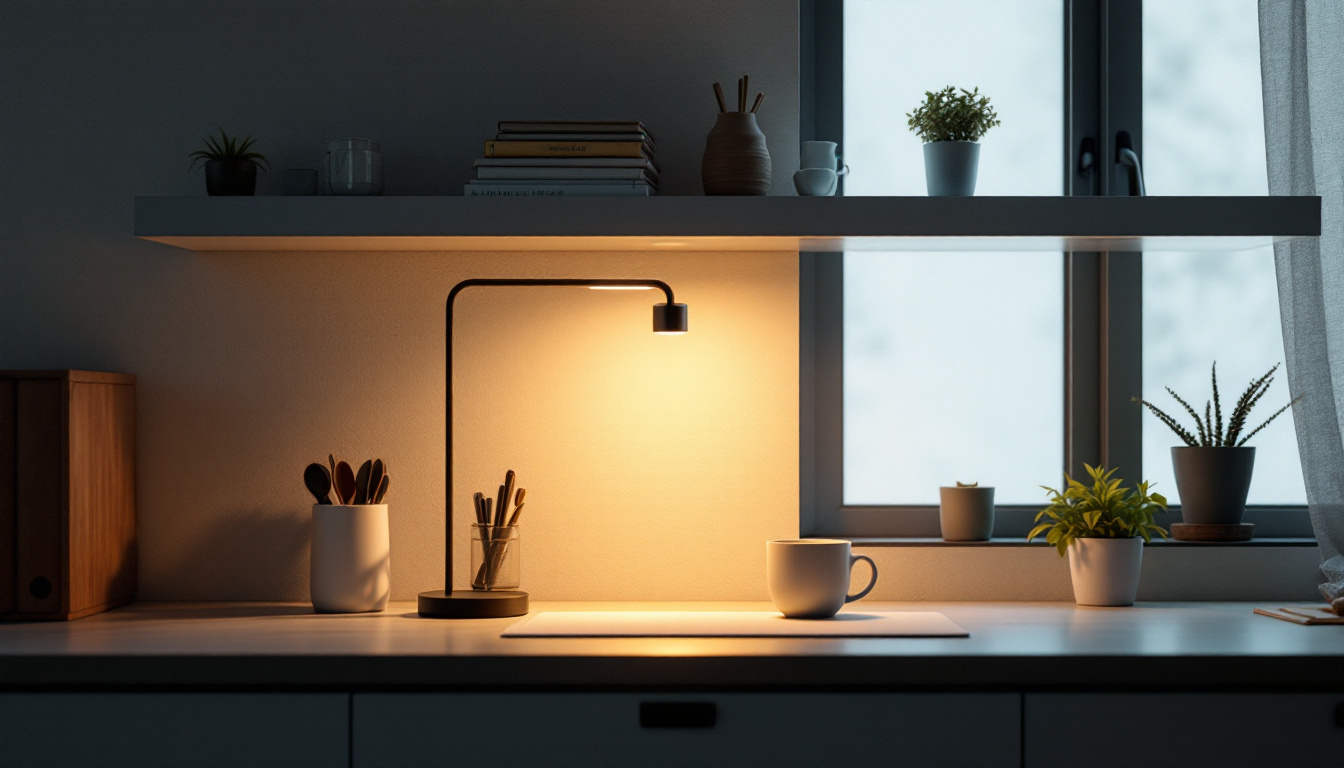 A photograph of capture a photograph of a stylish under-shelf lamp illuminating a workspace