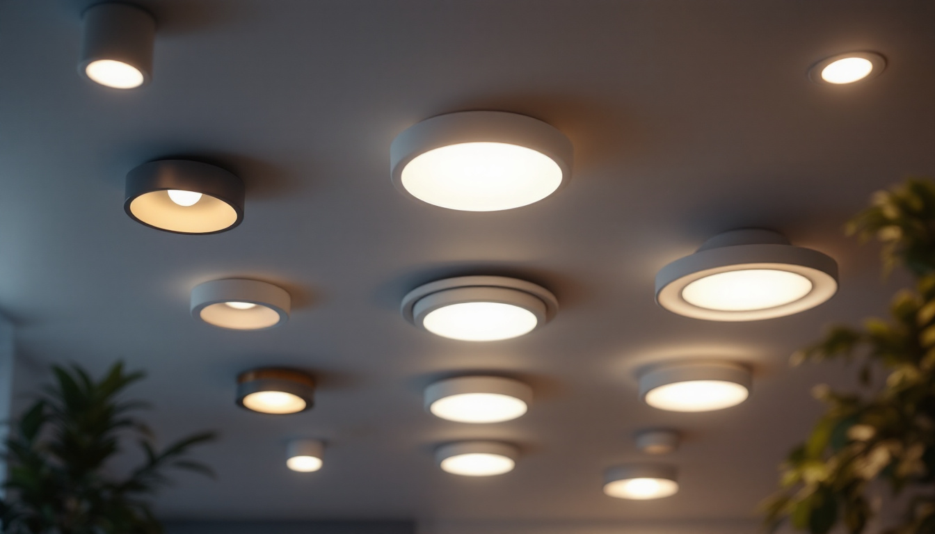A photograph of a well-lit interior showcasing various types of recessed light fixtures with different bulb options installed