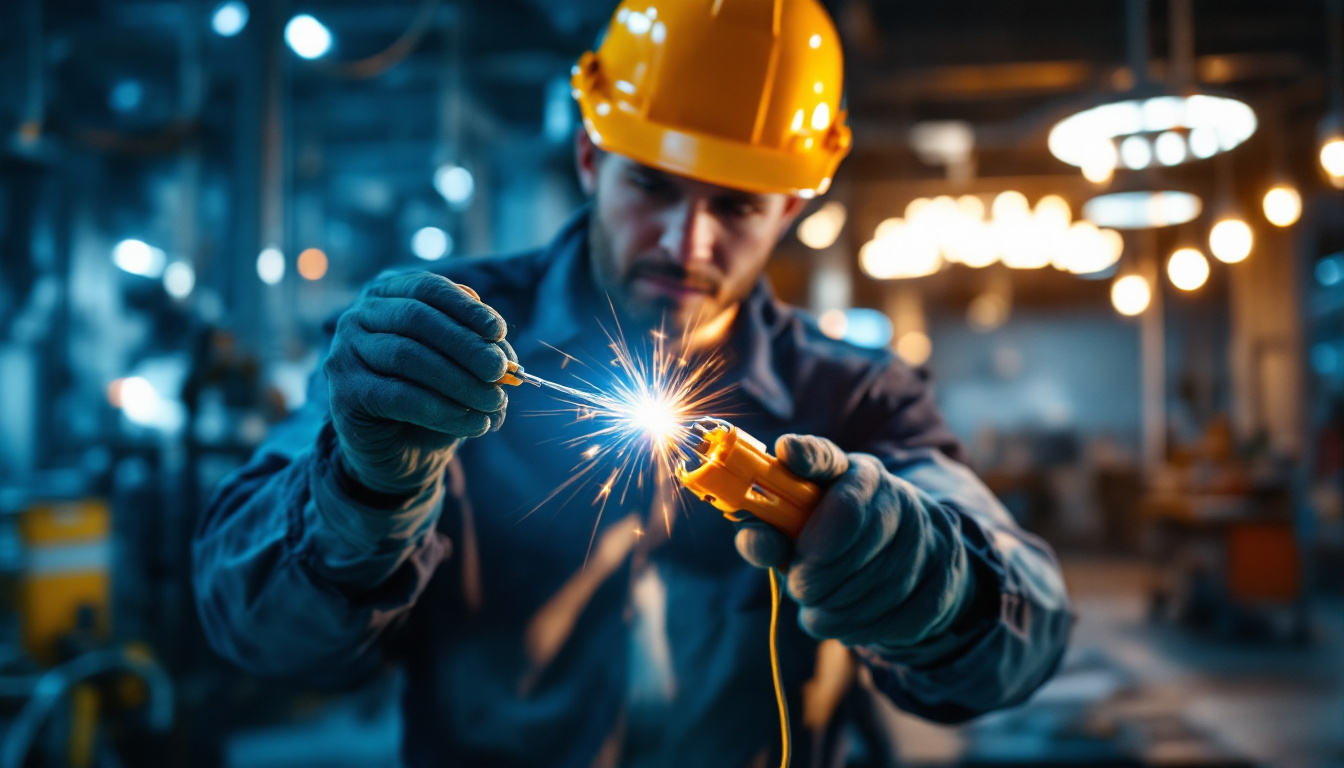 A photograph of a skilled electrician using specialized pulling wire tools in a dynamic industrial lighting environment