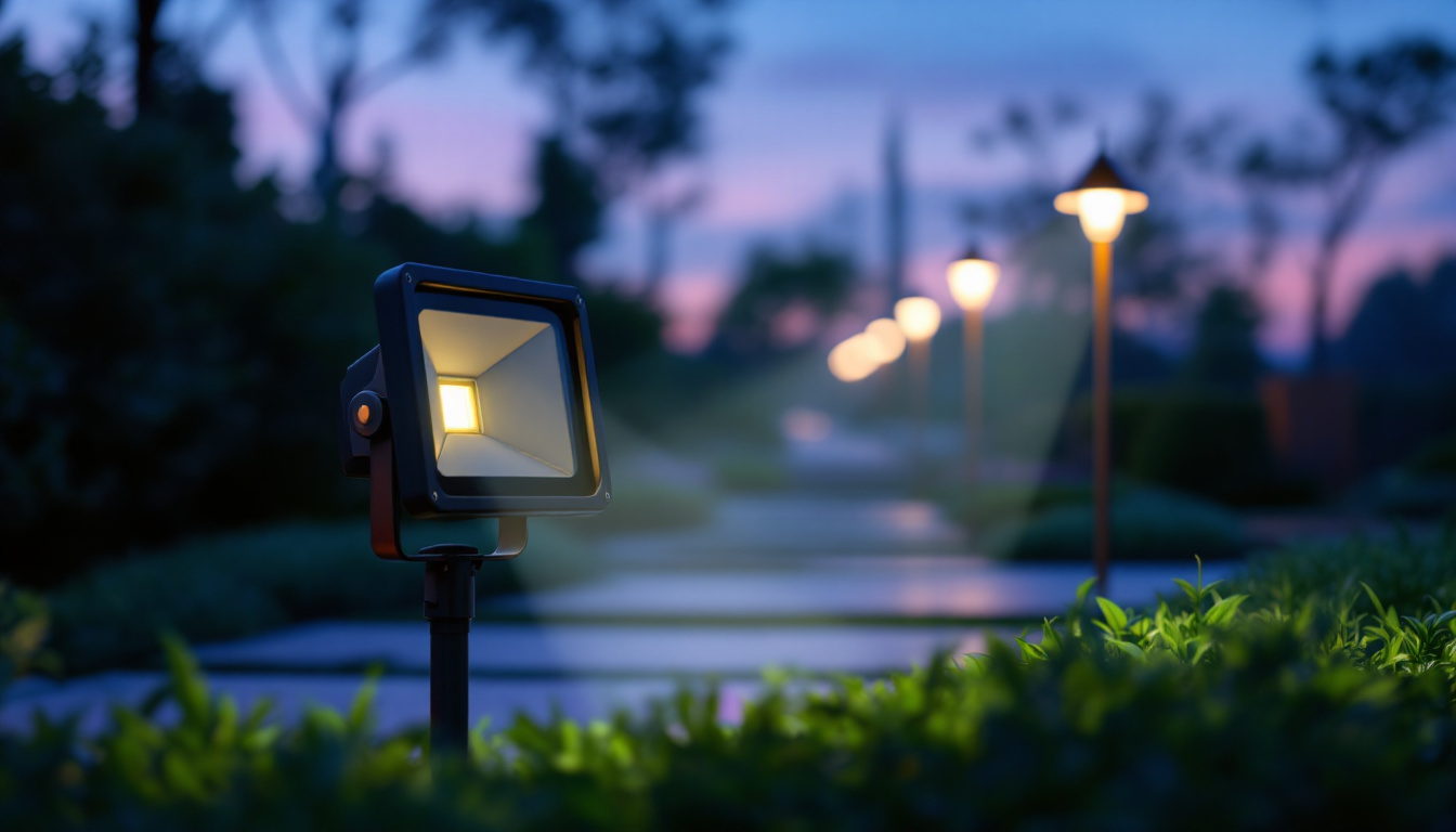 A photograph of a well-lit outdoor scene showcasing a flood lamp illuminating a garden or pathway at dusk
