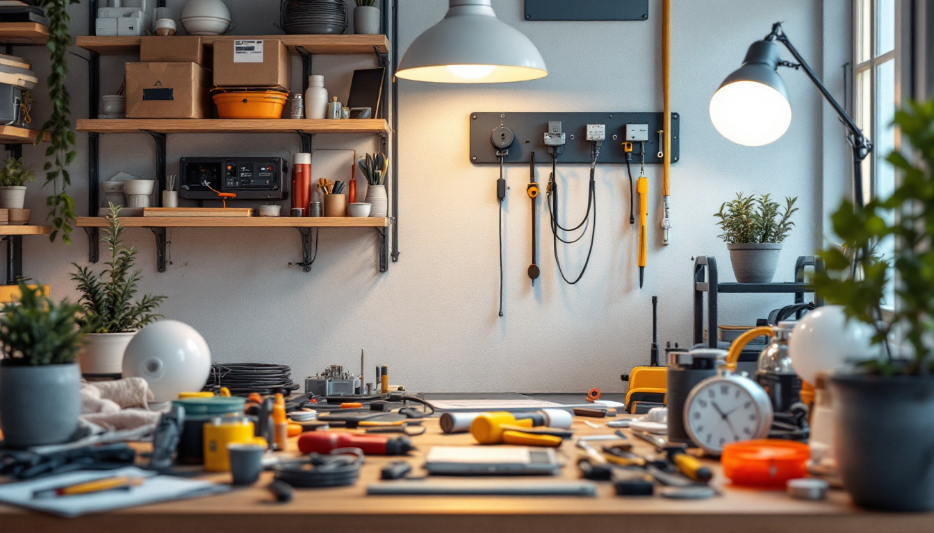 A photograph of a well-organized workspace featuring various electrical supplies and materials