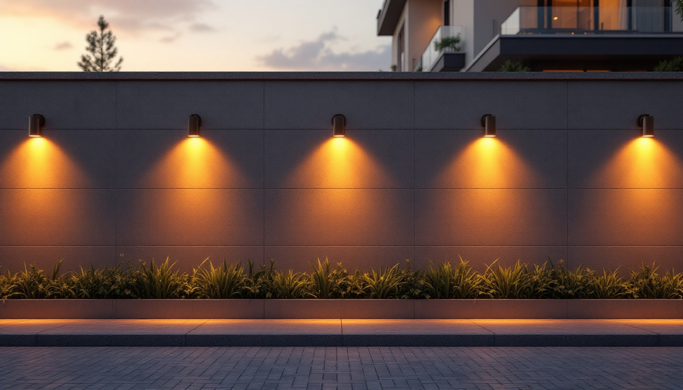 A photograph of a beautifully designed outdoor wall illuminated by low-glare lighting fixtures