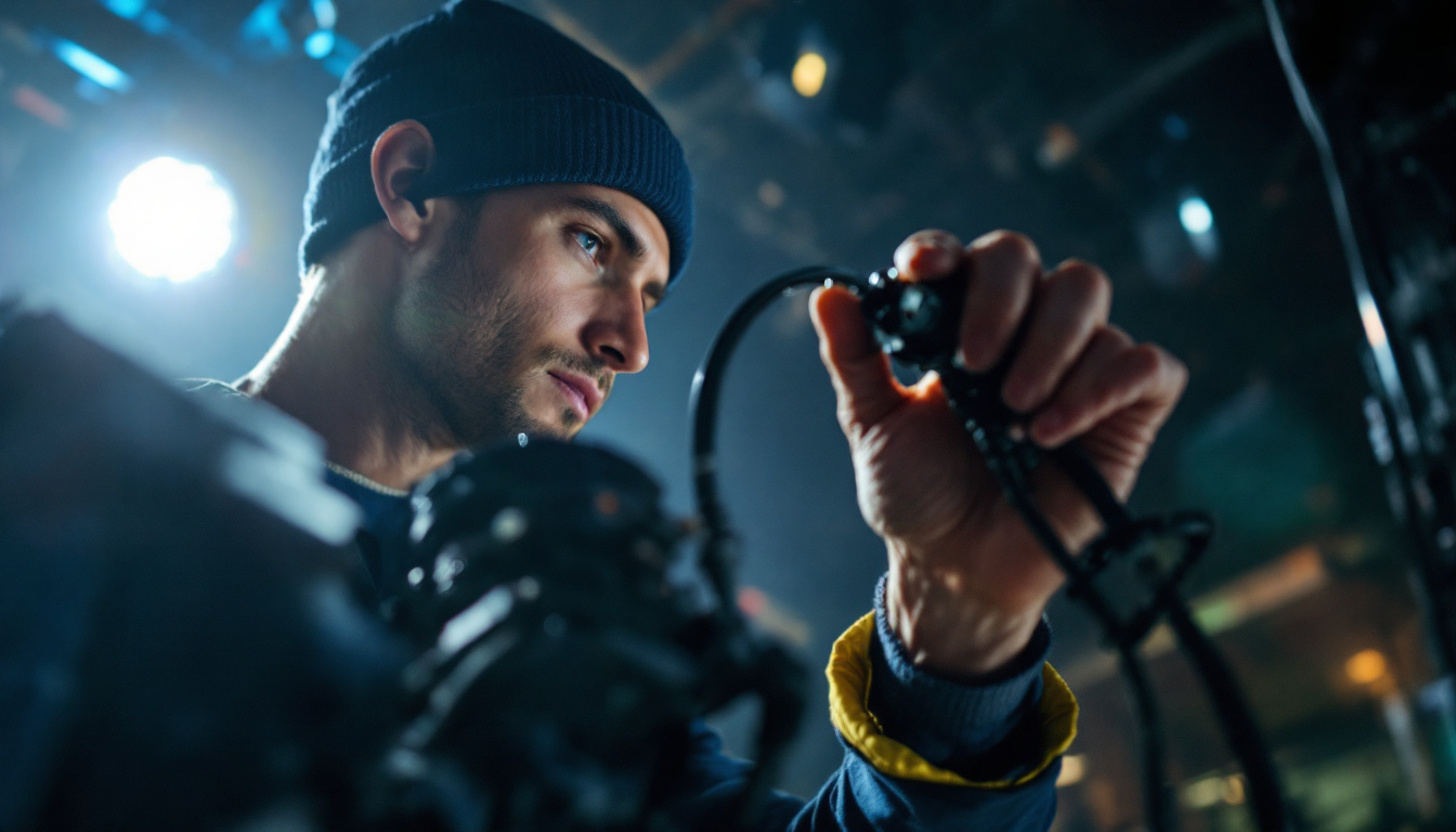 A photograph of a lighting engineer in action