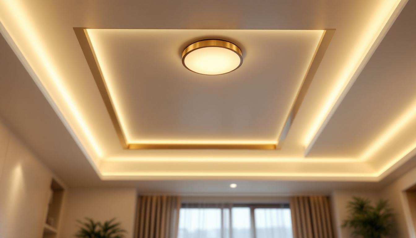 A photograph of a stylishly designed room showcasing recessed ceiling lights with elegant covers