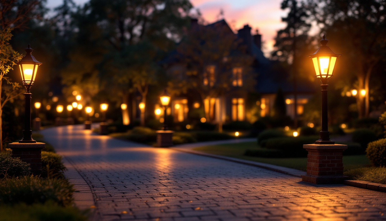 A photograph of a beautifully illuminated driveway featuring elegant post lanterns
