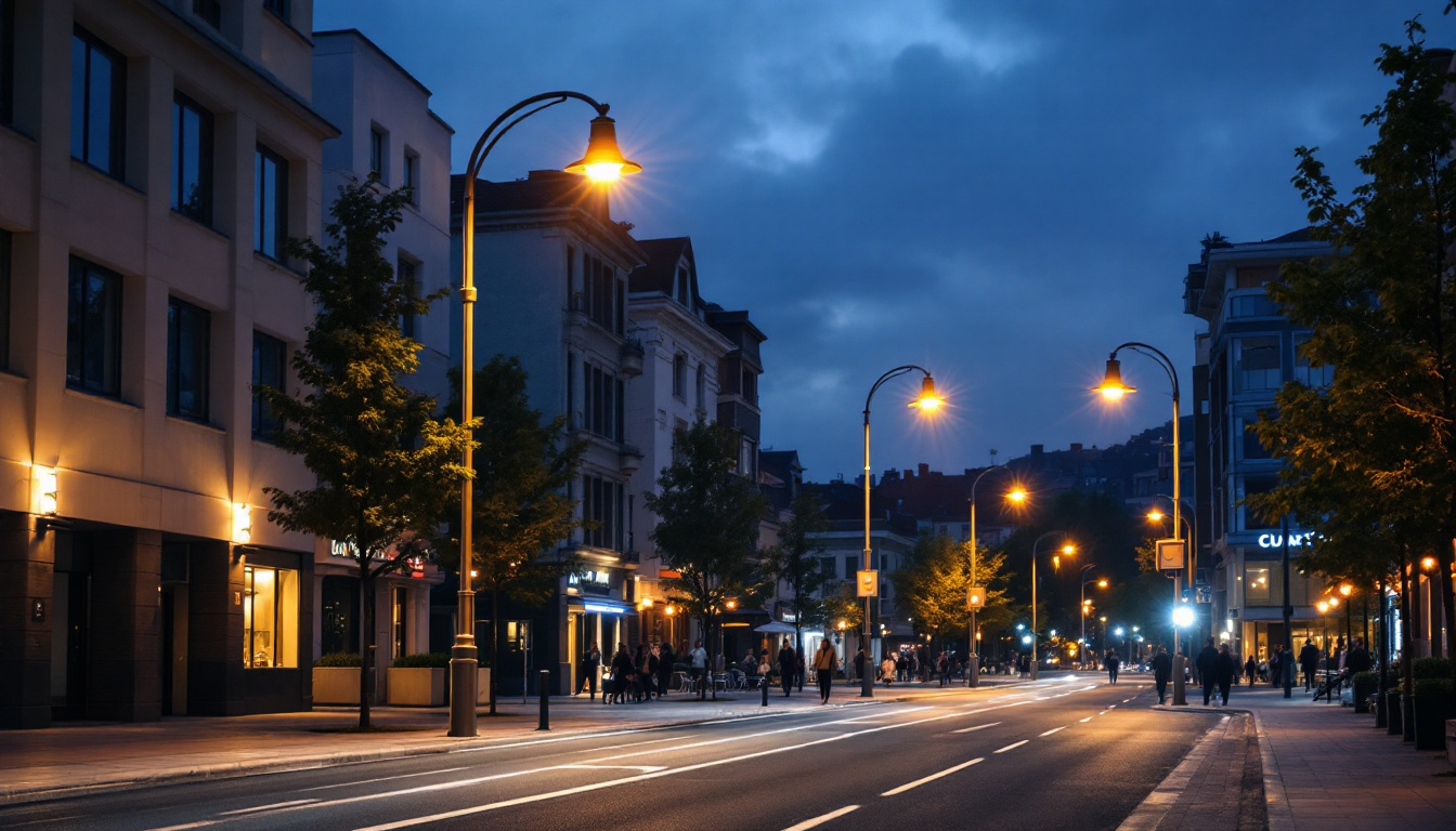A photograph of a well-lit urban street scene featuring various light posts of different heights