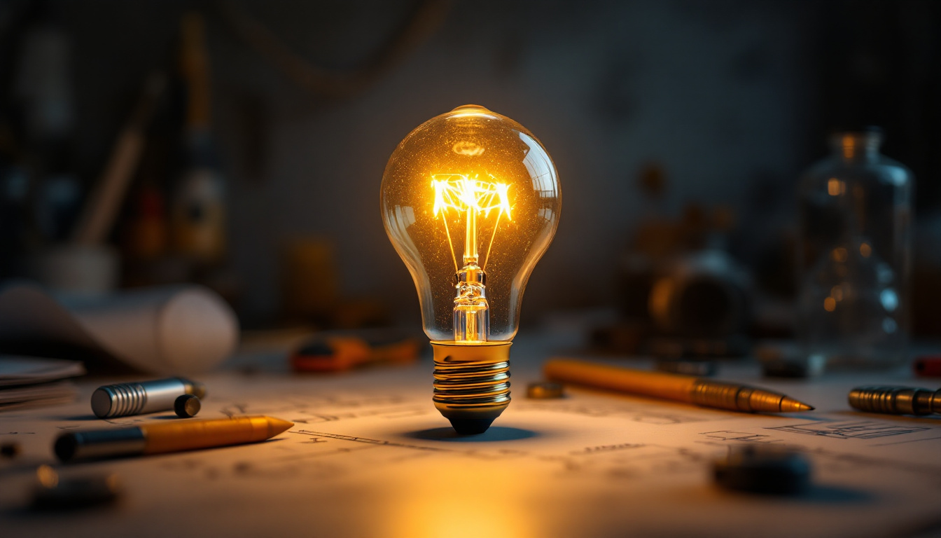 A photograph of a close-up shot of a glowing light bulb in a workshop setting