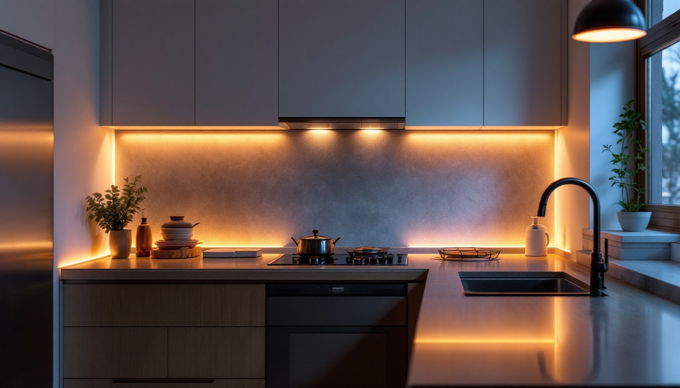 A photograph of a beautifully designed kitchen with led undercounter lighting illuminating the countertops