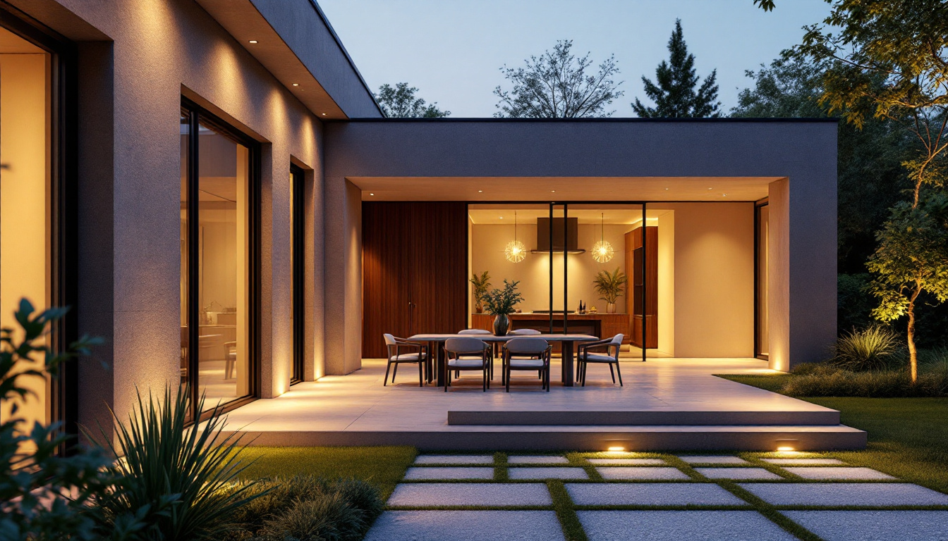 A photograph of a beautifully designed outdoor space featuring exterior recessed can lights in use