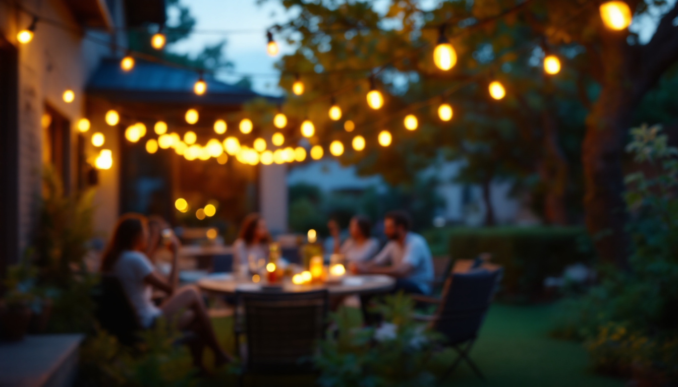 A photograph of a cozy outdoor patio scene illuminated by warm