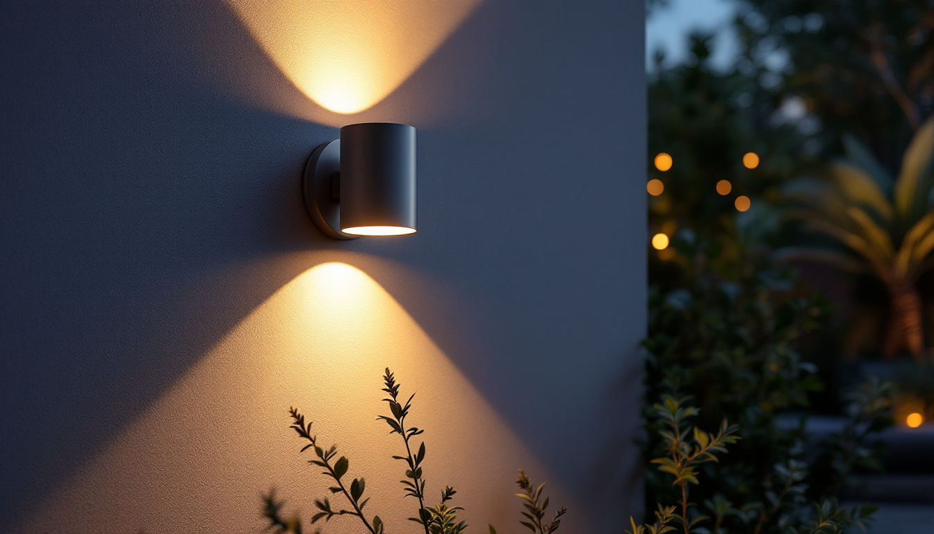 A photograph of a beautifully illuminated outdoor wall light installed in a stylish garden or patio setting during twilight
