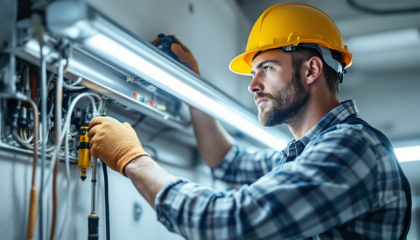 A photograph of a technician skillfully replacing a fluorescent light ballast