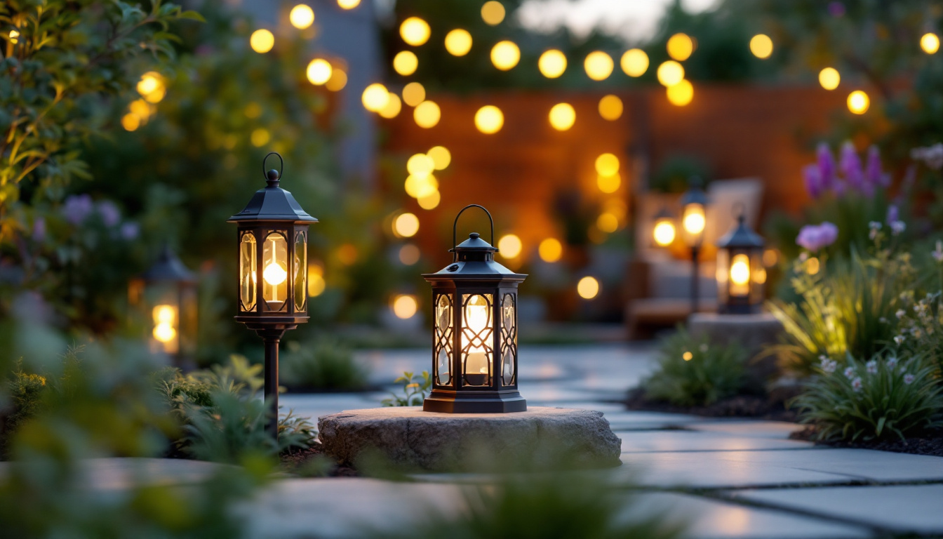 A photograph of a beautifully arranged outdoor scene featuring various styles of lantern solar lights in different placements