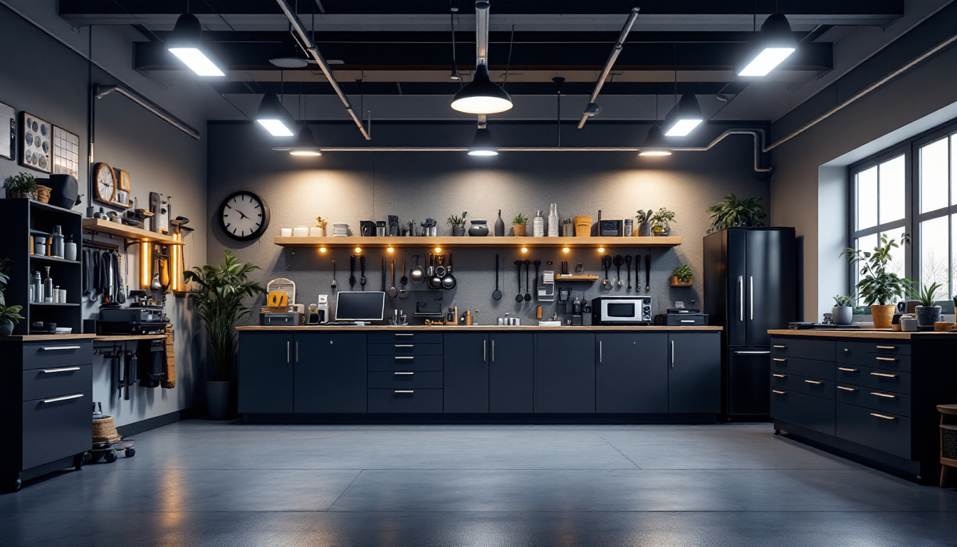 A photograph of a well-lit garage interior showcasing various lighting solutions