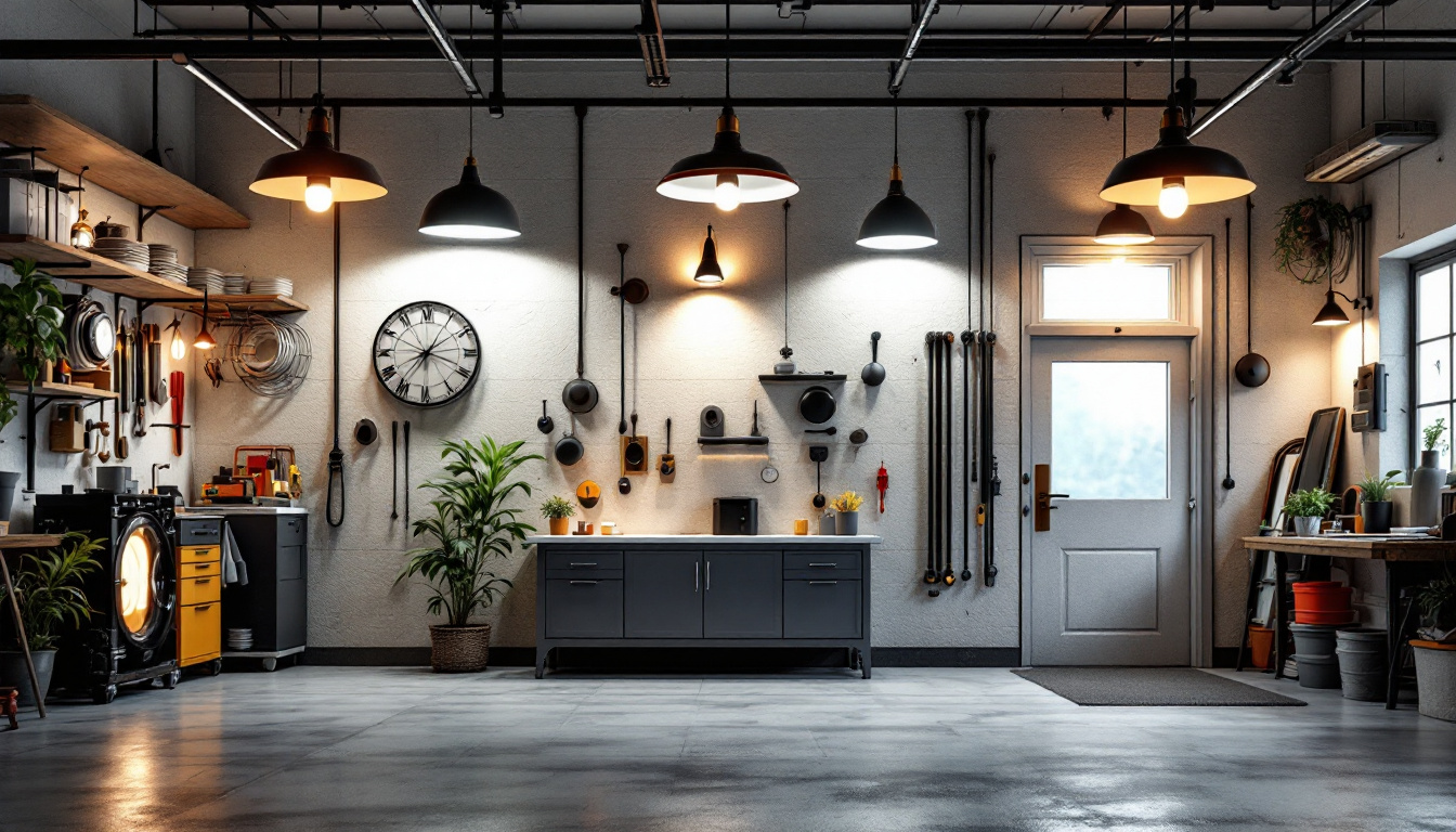 A photograph of a well-lit garage showcasing a variety of stylish and functional light fixtures