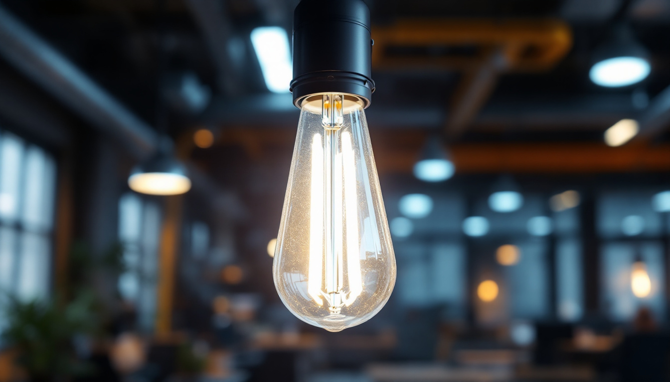 A photograph of a t12 fluorescent lamp in a well-lit industrial or office setting