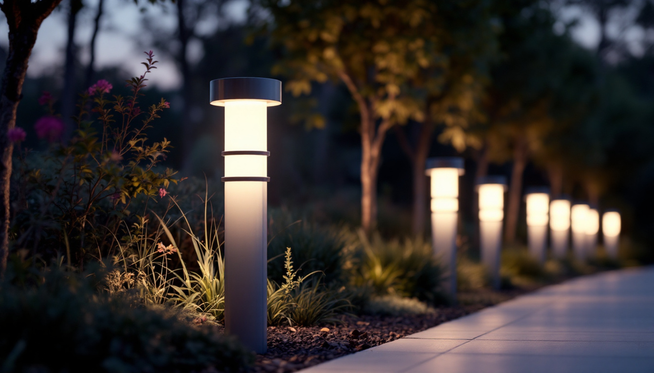 A photograph of a series of stylish bollard lights illuminating a landscaped outdoor area at dusk