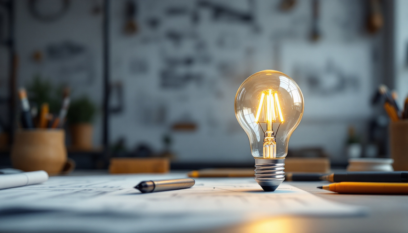 A photograph of a type a lamp bulb illuminated in a cozy