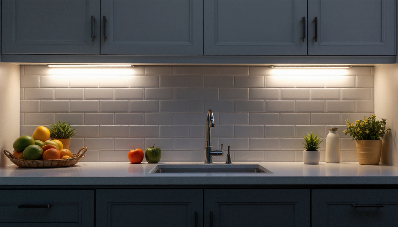 A photograph of a modern kitchen showcasing black and decker under cabinet lights illuminating a countertop