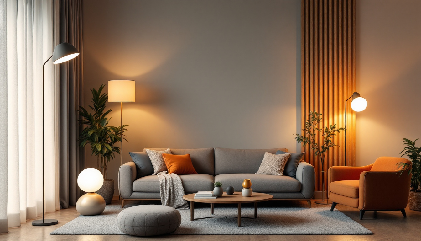 A photograph of a stylishly arranged living room featuring a variety of floor lamps in different designs and lighting styles