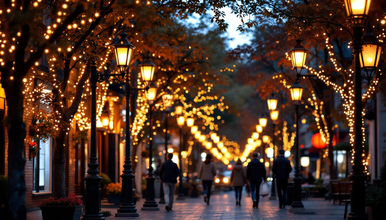 A photograph of a beautifully illuminated street scene featuring various styles of street lanterns