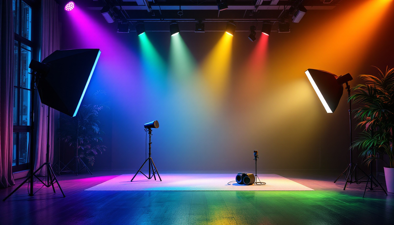 A photograph of a well-lit scene showcasing various lighting setups and equipment