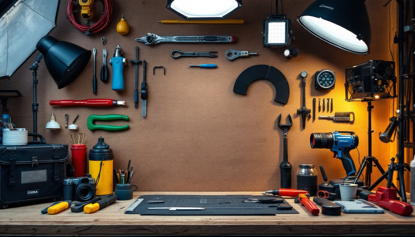 A photograph of a well-organized workspace featuring various pulling tools alongside different types of lighting equipment