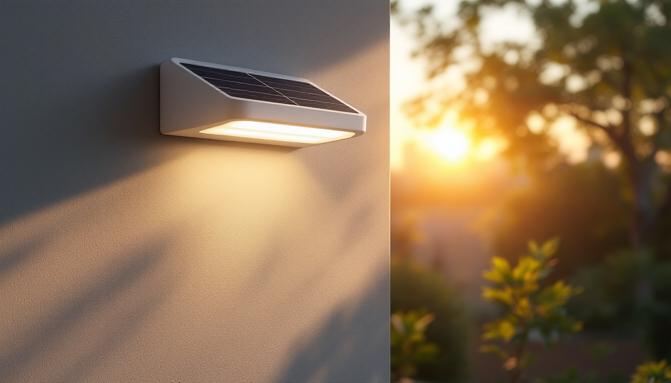 A photograph of capture a photograph of a well-designed solar wall light mounted on an exterior wall