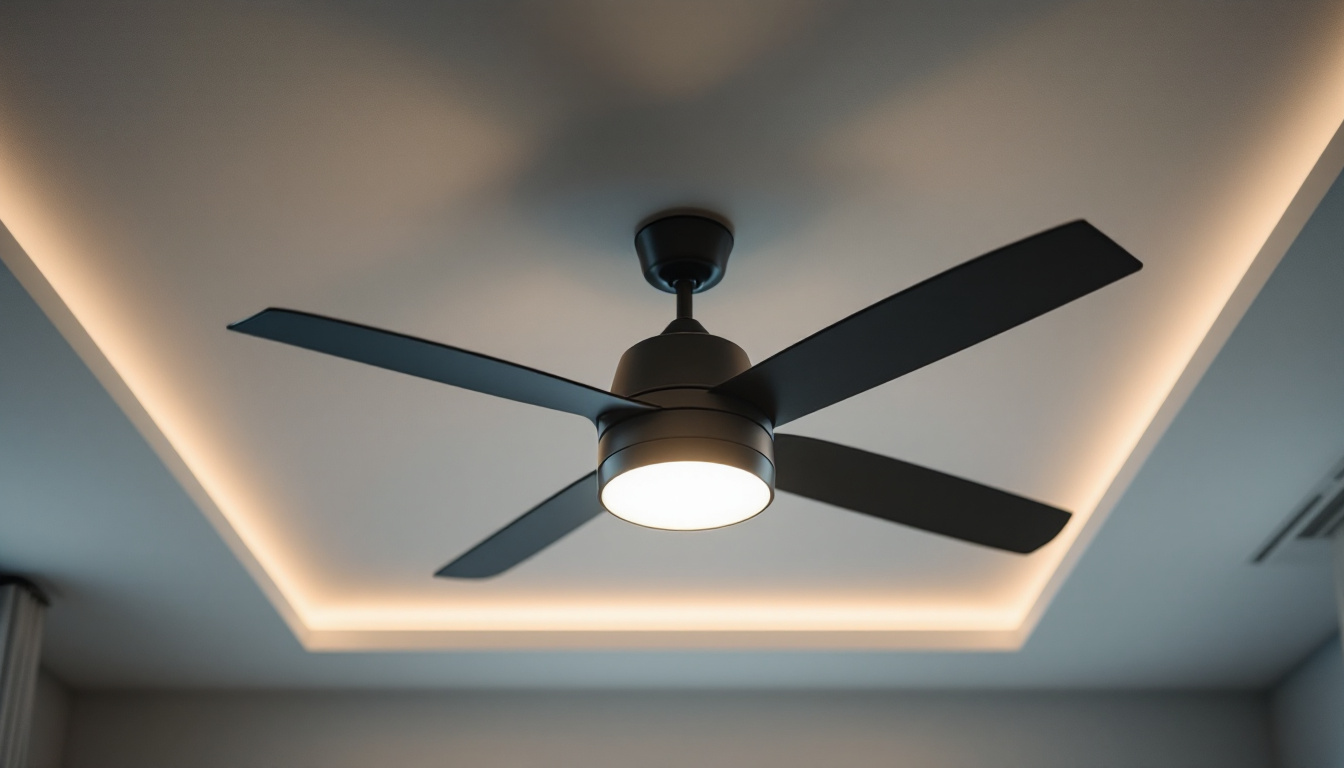 A photograph of a stylishly designed ceiling fan with an integrated light fixture