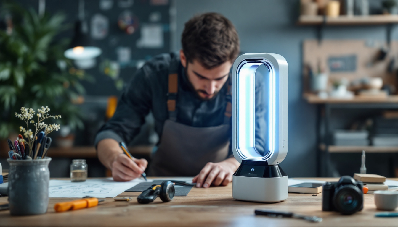 A photograph of a sleek uvc light sanitizer in a modern workspace