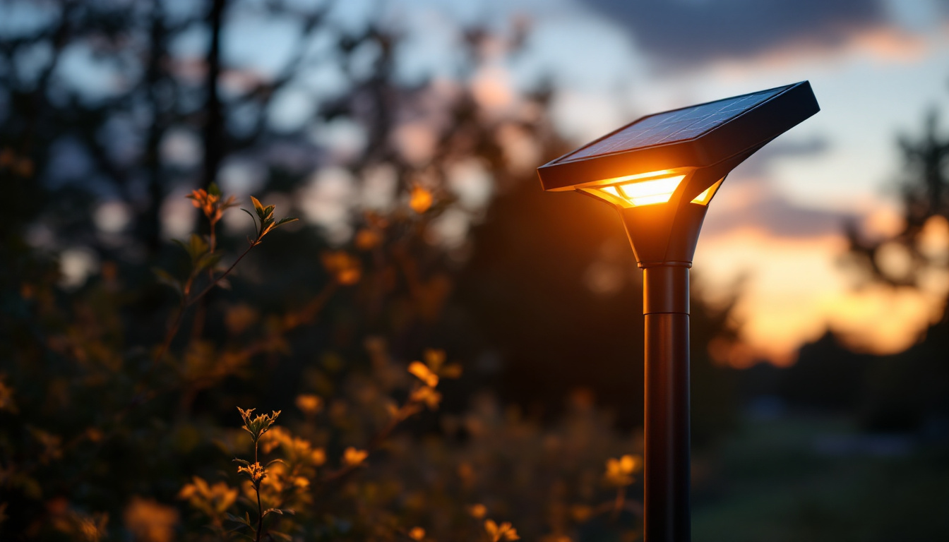 A photograph of a beautifully designed solar outdoor lamp post illuminated at dusk
