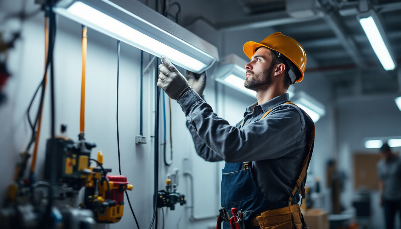 A photograph of a skilled electrical engineer carefully replacing a fluorescent light fixture in a well-lit workspace